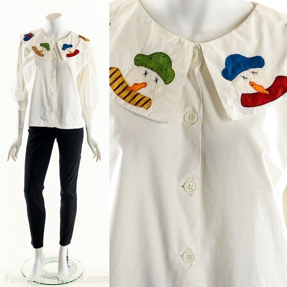 Snowman Patchwork Button Down Vintage Blouse - image 1